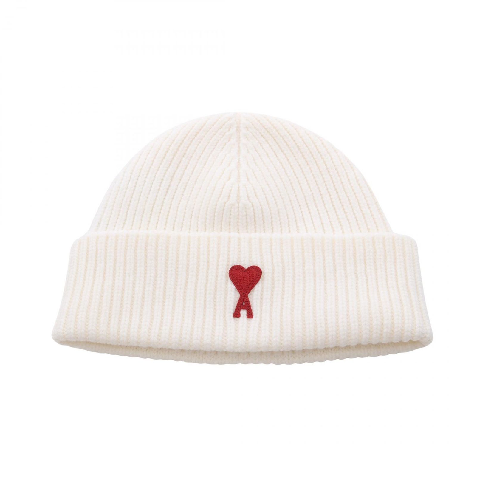 値下げ中　　ami ベージュ ニット帽 ハート刺繍 AMI アミ ハートロゴ ニットキャップ - メルカリ