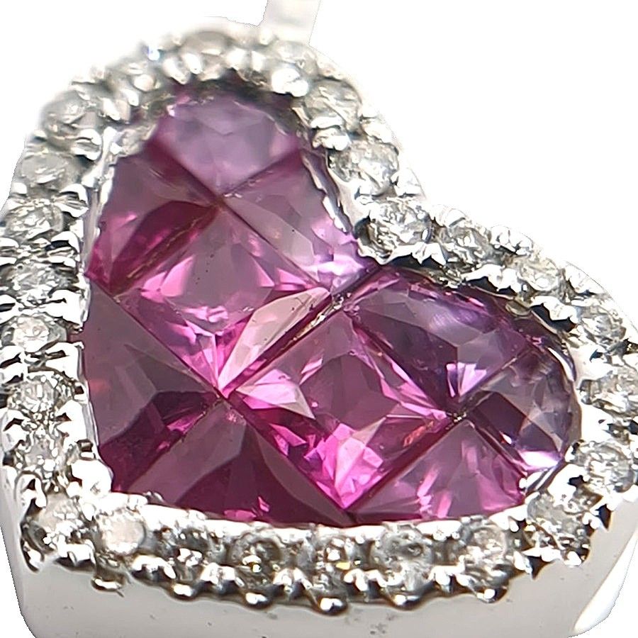 Pt850/K18WG ピンクサファイア×ルビー×ダイヤモンド ハートネックレス