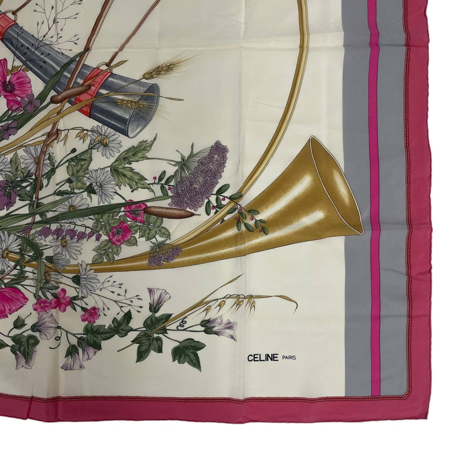美品 CELINE セリーヌ スカーフ シルク 花柄 ハンティング ホルン