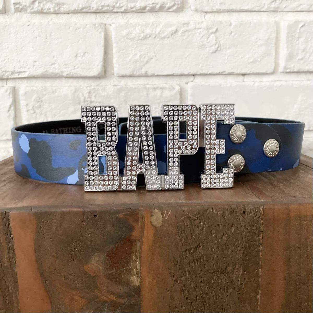 ラインストーン レザー ベルト Mサイズ Blue Camo a bathing ape BAPE