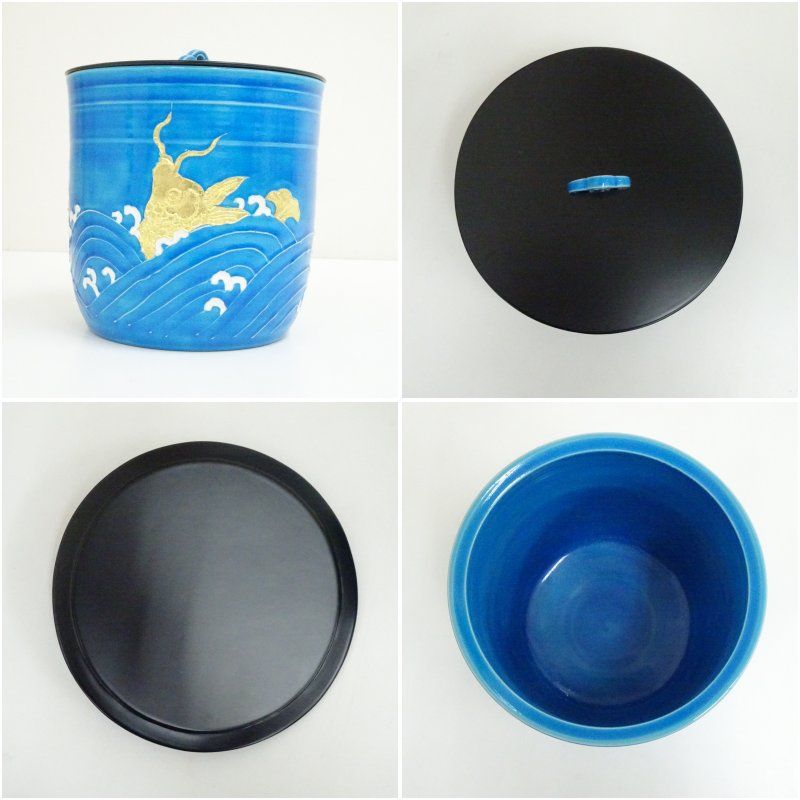 京焼 加藤利昇造 浅黄交趾荒磯水指（共箱） 水指し 茶道 茶道具