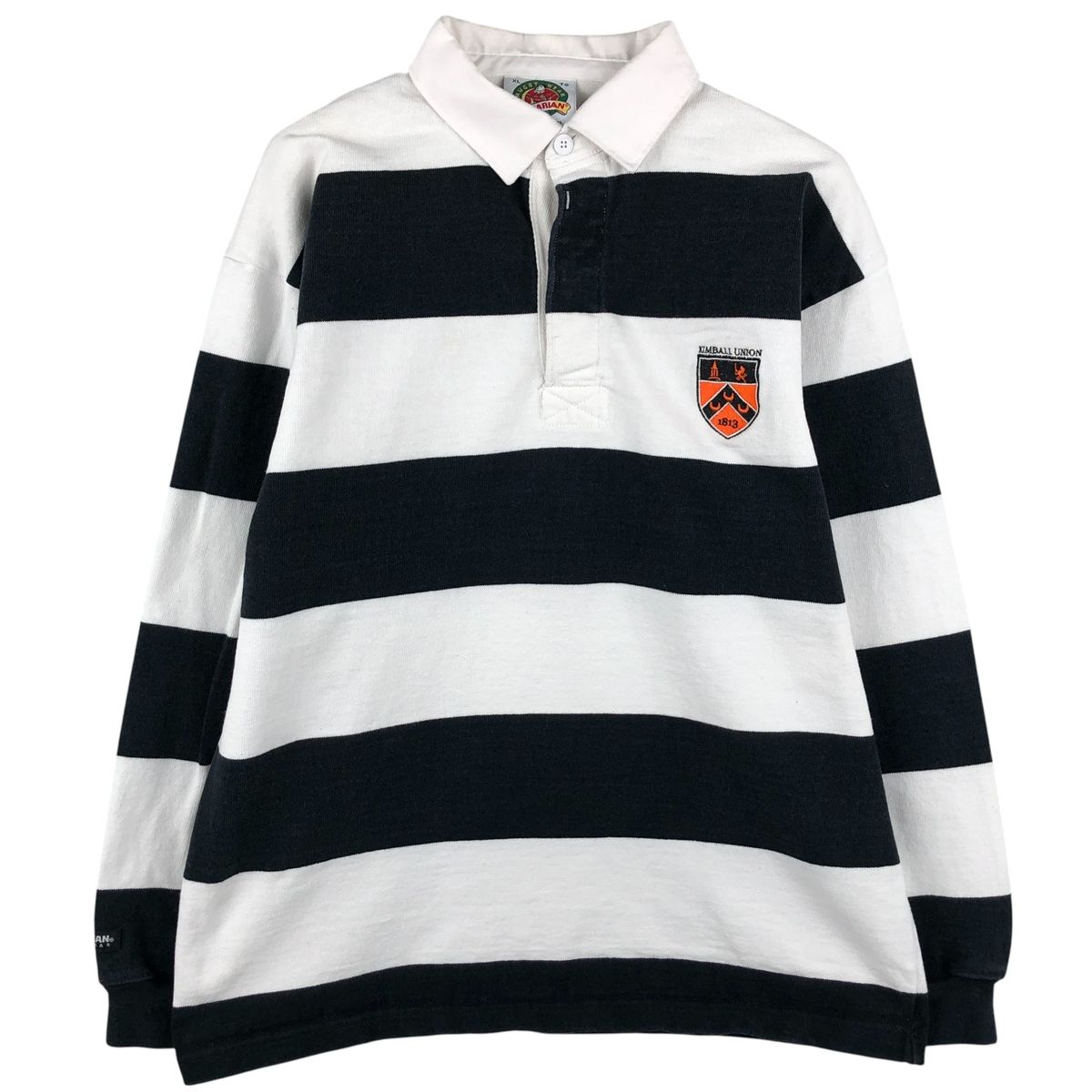 バーバリアンズ 古着 刺繍 ブラック 白黒 ボーダー ラガーシャツ L ラグビー 古着 90~00年代 バーバリアン BARBARIAN ボーダー柄 長袖 ラガーシャツ