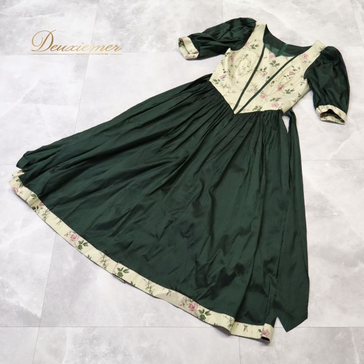 フォークダンス 衣装 ワンピース ドレス グリーン系 花柄 光沢