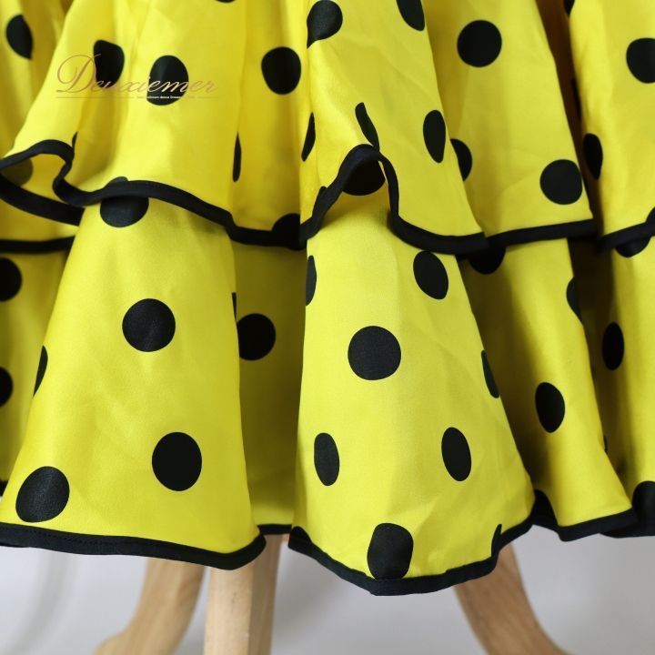 フラメンコ スカート イエロー ブラウン ドット フラメンコ 衣装 ファルダ スカート イエロー系 水玉 ドット柄 黄 黒