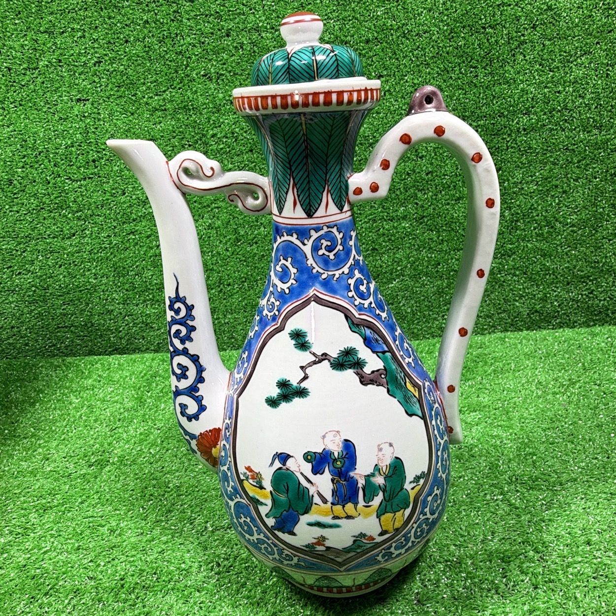 共箱付】九谷焼 古九谷意 水瓶 水注 陶山 銘 角福 色絵 山水人物図