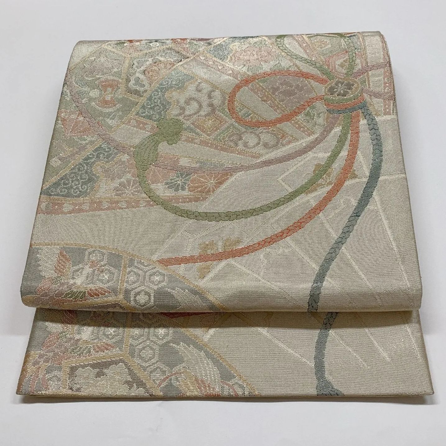 6853］袋帯 900織佐賀錦 花源氏車文様 プラチナ箔 六通 正絹 着物