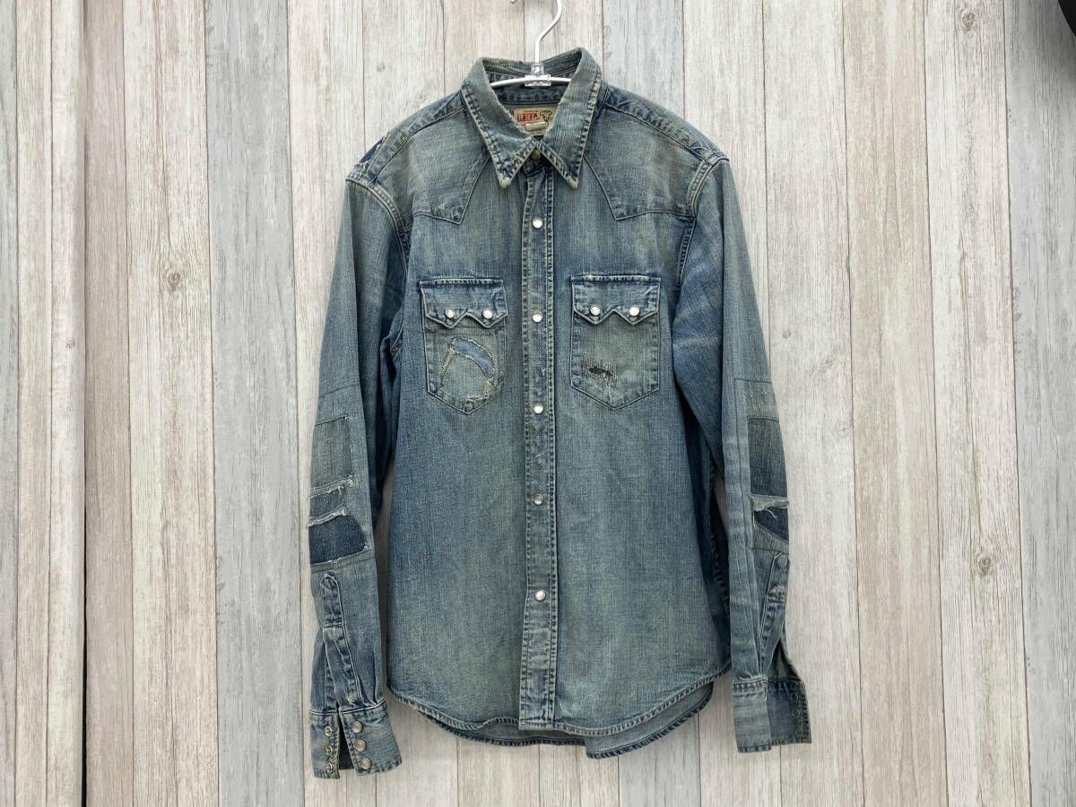 RRL Ralph Lauren デニムシャツ ウエスタン リペア加工 サイズL RRL RALPH LAUREN/長袖シャツ/デニムシャツ/ウエスタンシャツ/Mサイズ