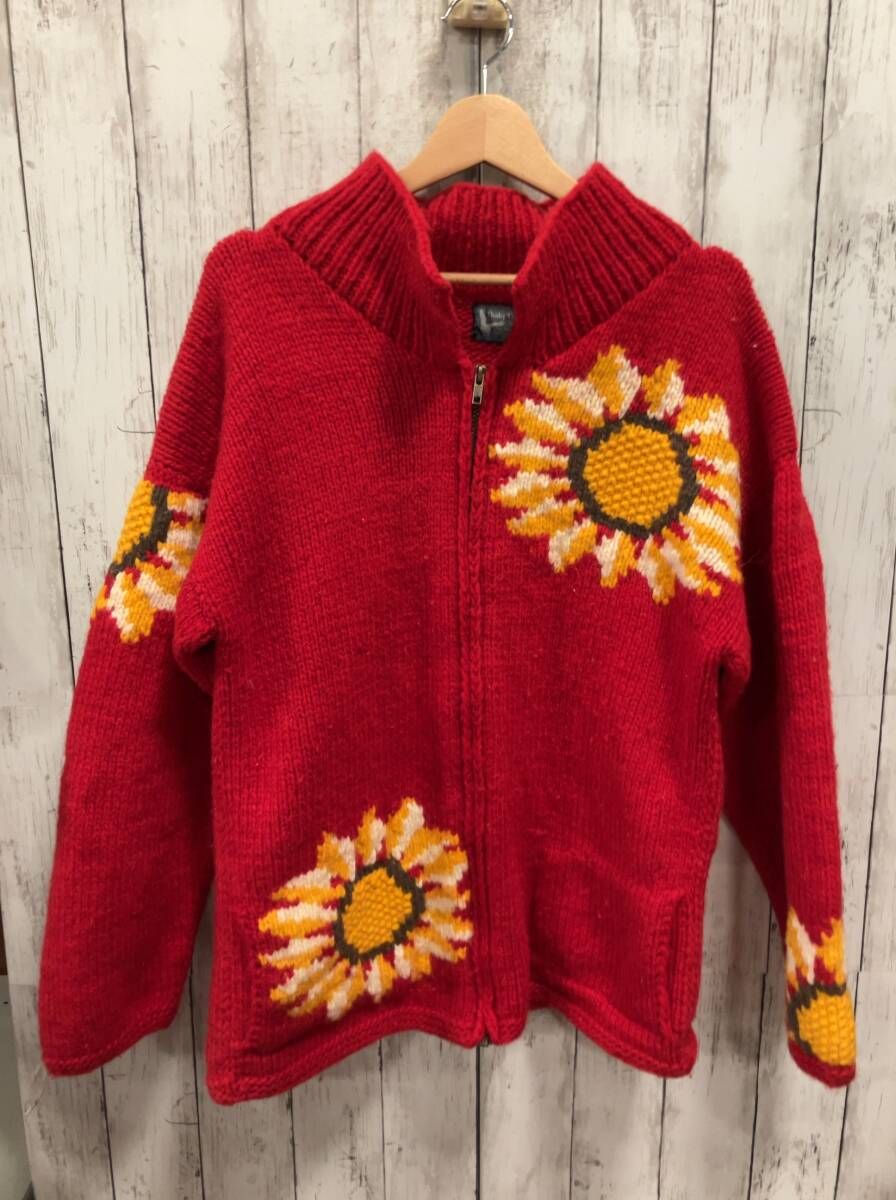 Thaly Thaky ニット エクアドル製 ジップアップ フラワー レッド80s