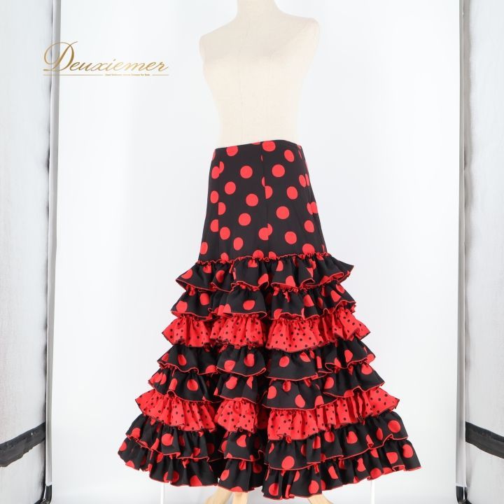 フラメンコ 衣装 ファルダ スカート 黒 赤 ボランテ フリル 水玉