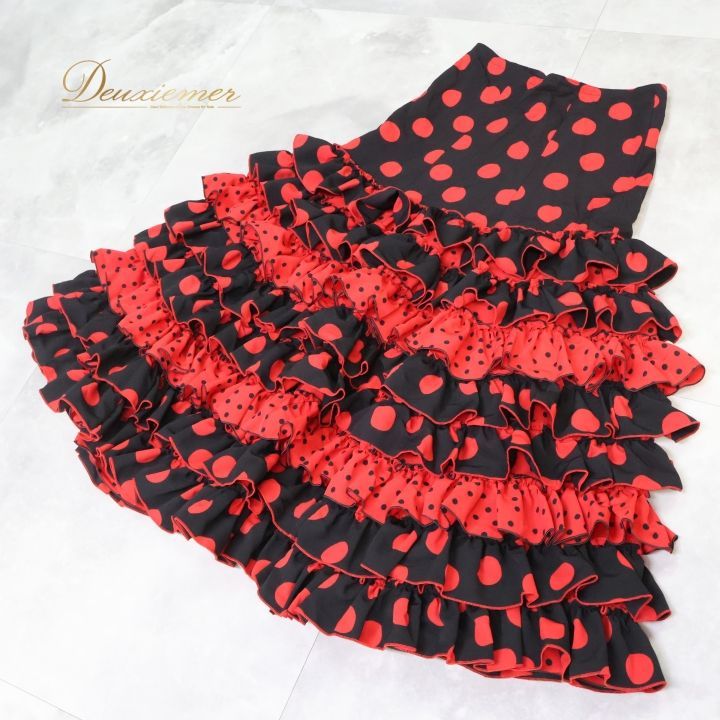 フラメンコ 衣装 ファルダ スカート 黒 赤 ボランテ フリル 水玉