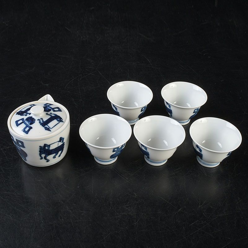 煎茶道具 京焼 平安栄山造 染付 宝瓶 煎茶碗五客 煎茶器セット C S653