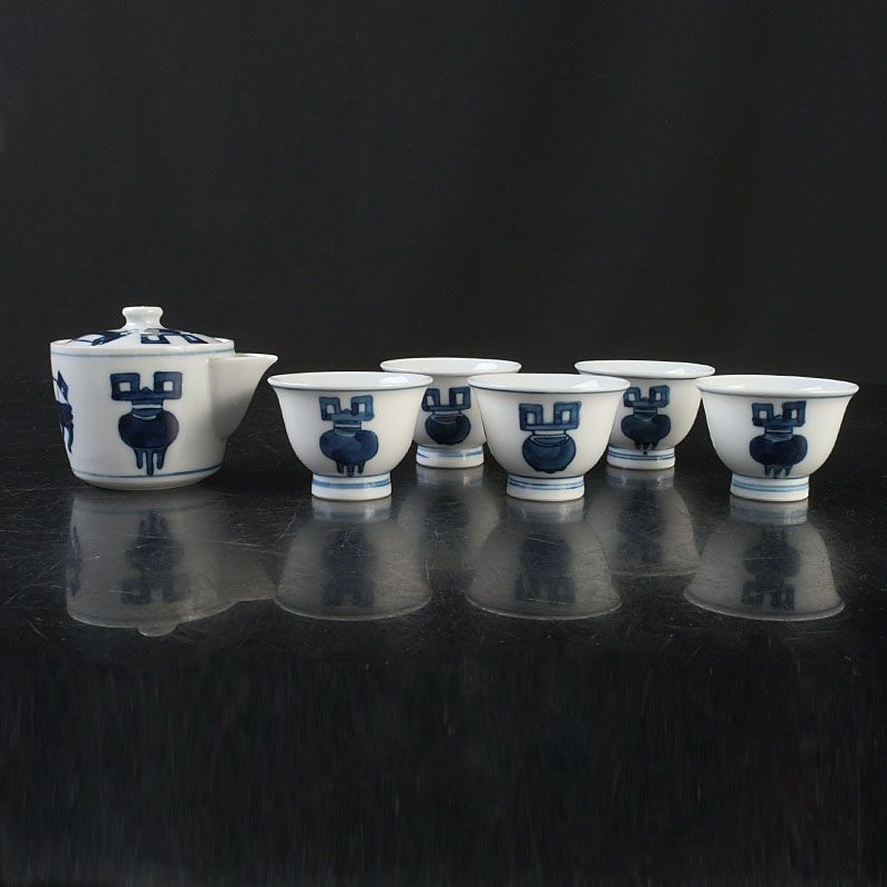 煎茶道具 京焼 平安栄山造 染付 宝瓶 煎茶碗五客 煎茶器セット C S653