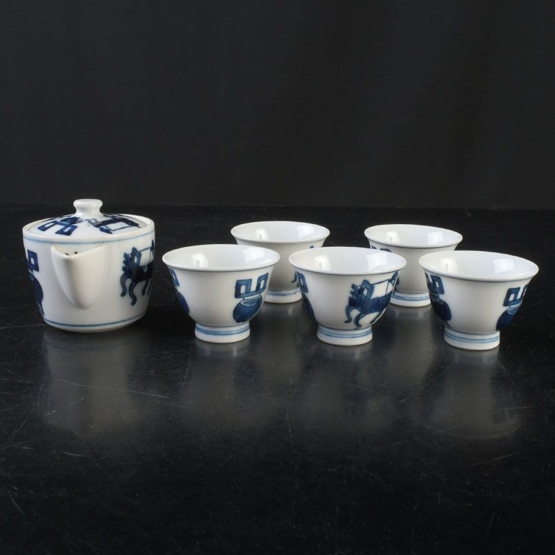 煎茶道具 京焼 平安栄山造 染付 宝瓶 煎茶碗五客 煎茶器セット C S653