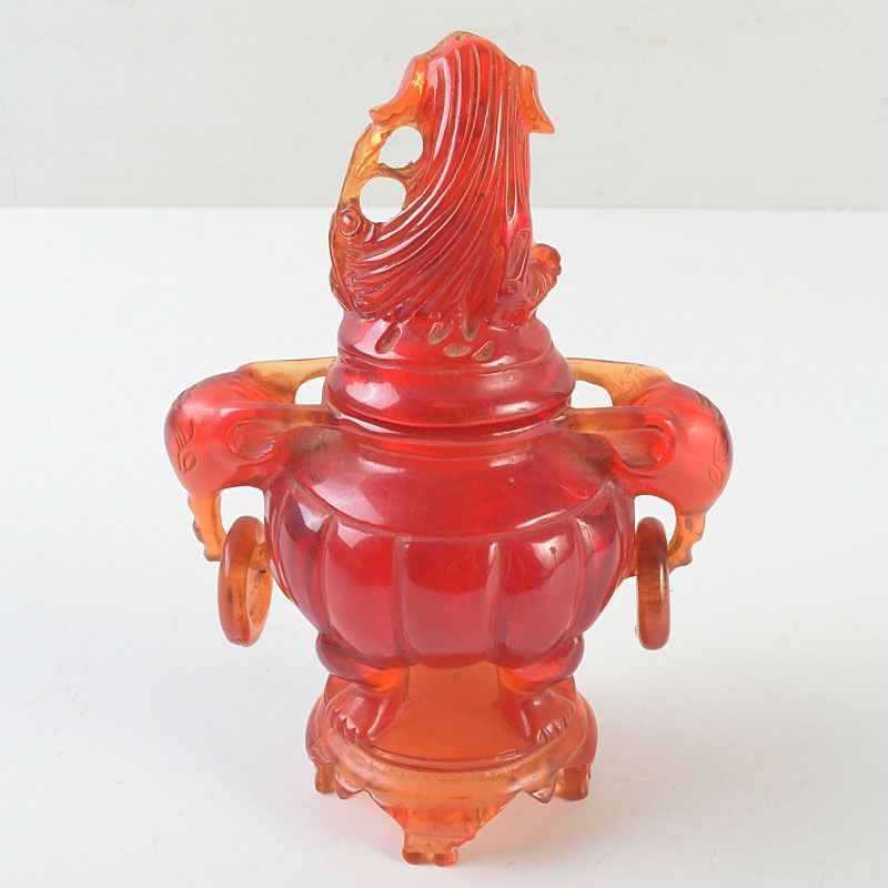 中国 密蝋琥珀風 雙耳活環 獅子蓋爐 三つ足香炉 時代箱付 C S661