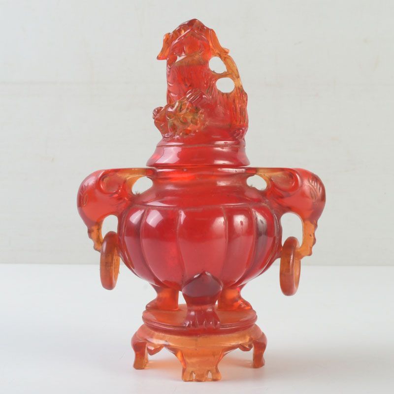 中国 密蝋琥珀風 雙耳活環 獅子蓋爐 三つ足香炉 時代箱付 C S661