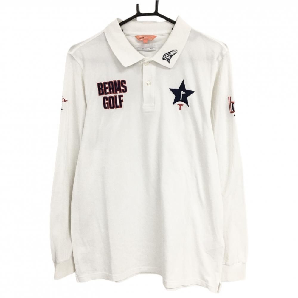 美品】ビームスゴルフ 長袖ポロシャツ 白×ネイビー 星・ロゴ刺しゅう