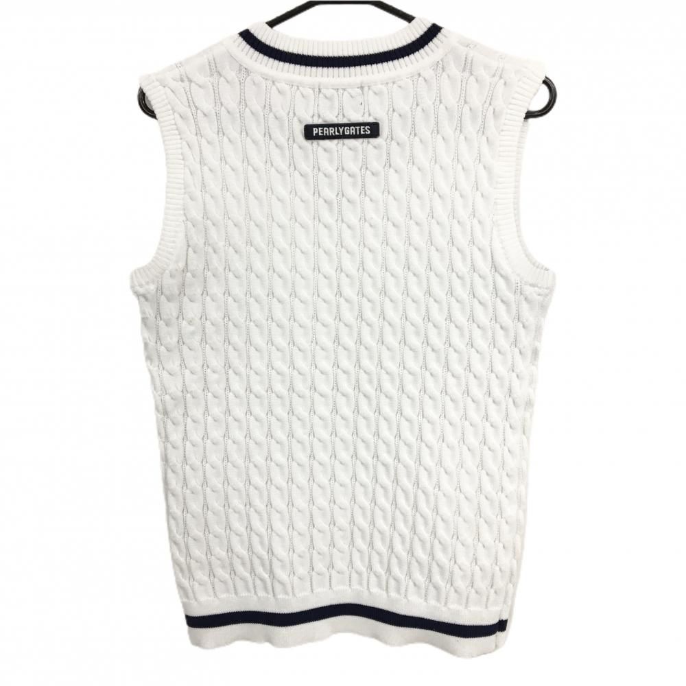 パーリーゲイツ ニットベスト 白×ネイビー ケーブル編み Vネック