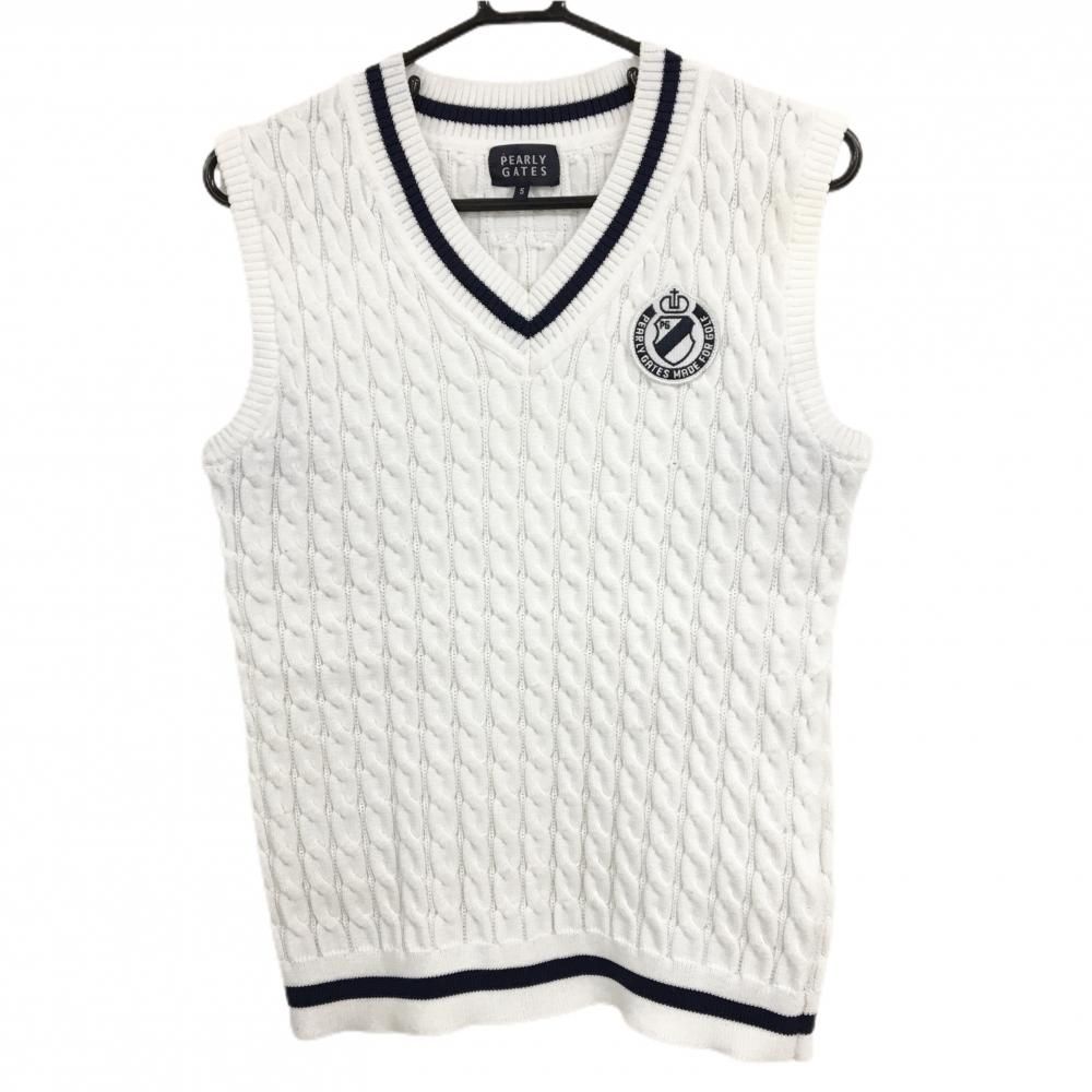 パーリーゲイツ ニットベスト 白×ネイビー ケーブル編み Vネック