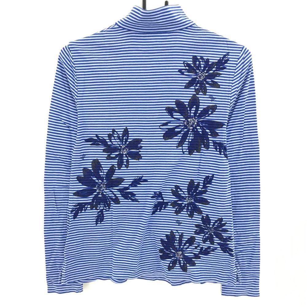 美品】ランバンスポール 長袖ハイネックシャツ ブルー×白 ボーダー 花