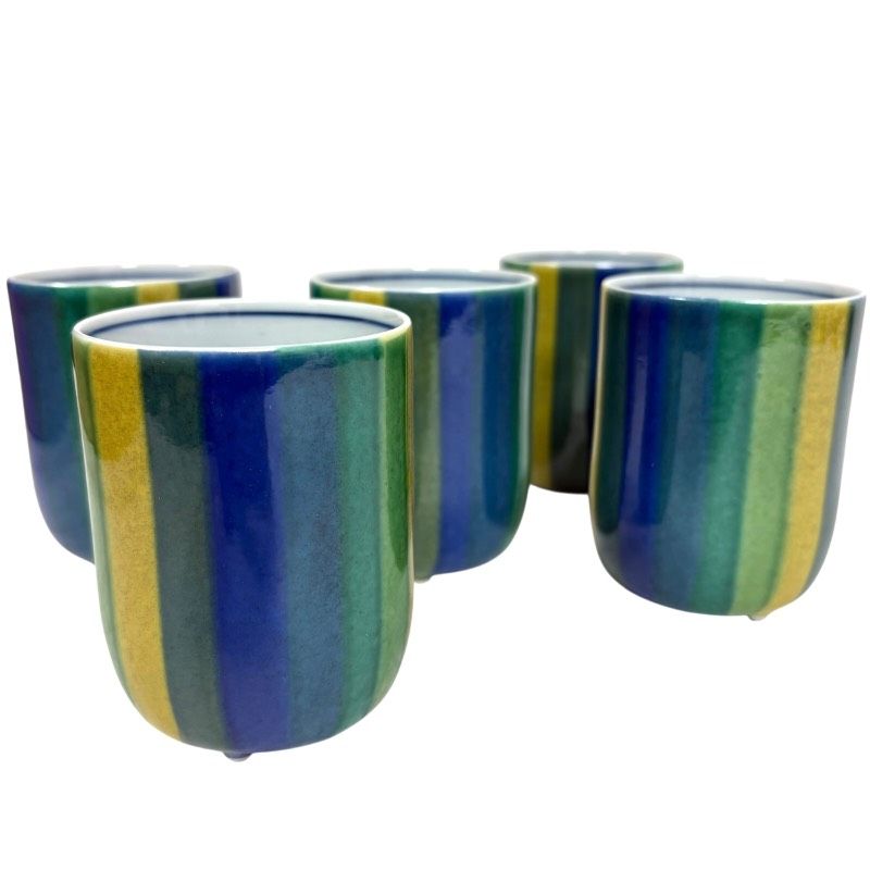 ♥品 九谷焼 九谷泰幸 湯呑み 湯飲み 5客 セット ストライプ 共箱あり 箱欠け有 和食器 日本茶 煎茶 来客用 有田焼 清水焼好きにも 高さ約8.5 cm