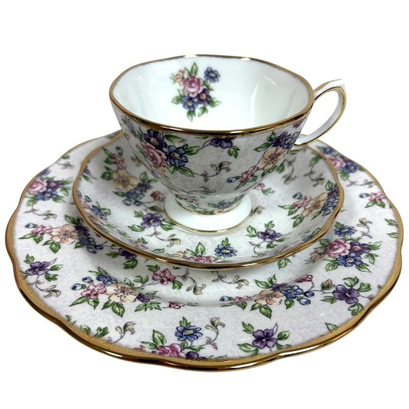 ♥ ロイヤルアルバート Royal Albert イングリッシュチンツ 100周年 記念 トリオ カップ＆ソーサー プレート き ティーカップ セット 洋食器 英国