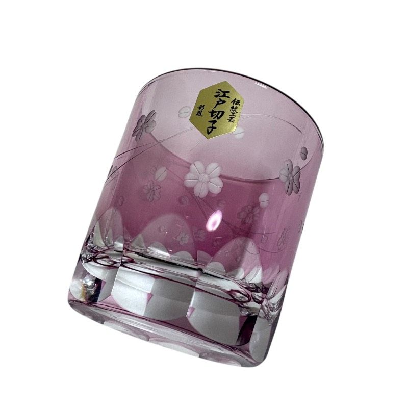 未使用】江戸切子 彩鳳（SAIHOU）切子 ロックグラス ピンク 桜文様