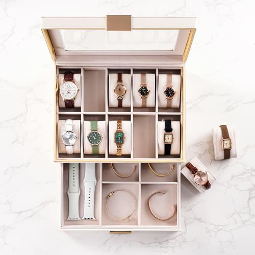 ProCase 腕時計ケース 10本 ２段式 大容量 引き出し付き 見せる収納 2層レディース腕時計ボックス ガラス蓋付き ジュエリー＆時計ホルダー収納ケース 記念日プレゼント 132 c 0 a 99
