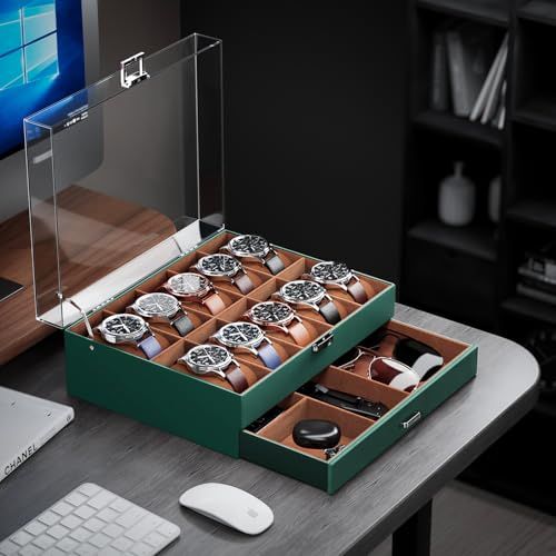 ProCase 男性用腕時計ケース 10スロット腕時計ディスプレイケース 透明アクリル蓋付き 引き出し付きメンズ腕時計ボックスオーガナイザー d 6 b 69 bb 1