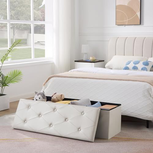 VECELO 収納スツール オットマン 収納ベンチ 収納ボックス 幅110*奥行き38*高さ38 CM 耐荷重100 kg 折り畳み 踏み台 足置き リビング|玄関|寝室適用 おもちゃ箱 洋服収納 化粧品収納ボックス ベージュ 52884 aff