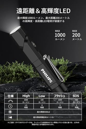 Philips フィリップス ledライト 小型 懐中電灯 強力 フラッシュライト 1000ルーメン 高輝度 Type-C充電式 首振り 作業灯 90°回転|18650電池交換可|クリップ付|マグネット|低電量提示 L字 L型 胸ラ 281 fd 8 ba
