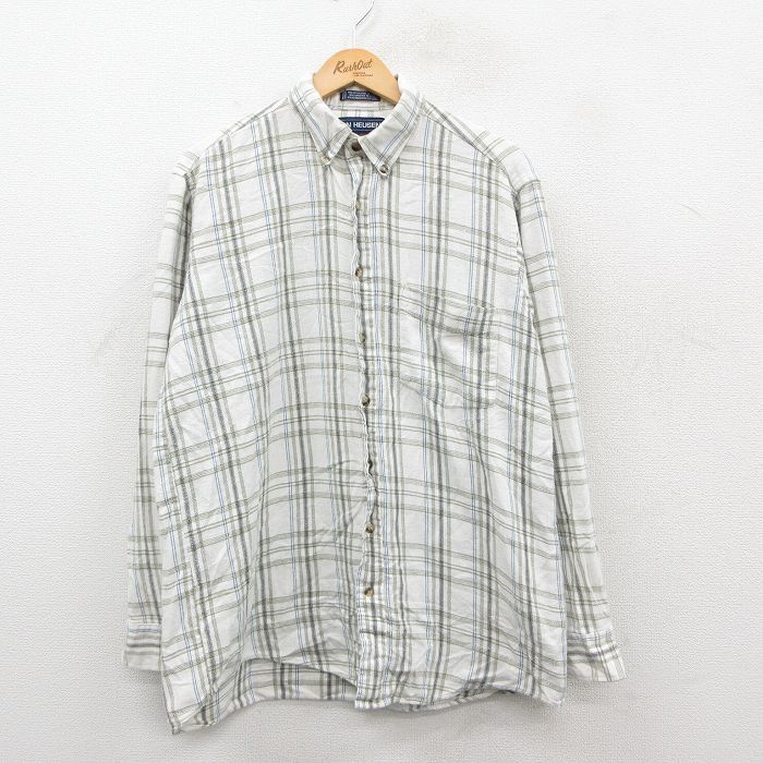 L/古着 バンヒューセン 長袖 フランネル シャツ メンズ 90年代 90s コットン ボタンダウン 白他 チェック 25dec13