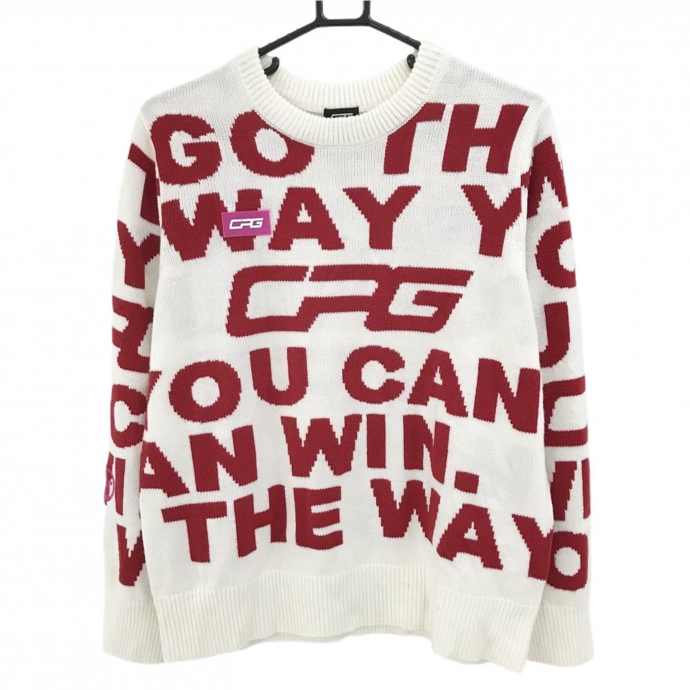 美品 CPG シーピージーゴルフ ウール混 ニット セーター ロゴ 柄 2 超美品】CPG セーター 白×レッド 英字総柄 ウール混 ニット レディース