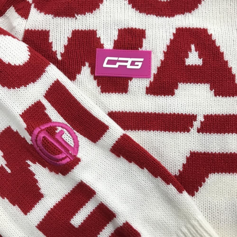 美品 CPG シーピージーゴルフ ウール混 ニット セーター ロゴ 柄 2 超美品】CPG セーター 白×レッド 英字総柄 ウール混 ニット レディース