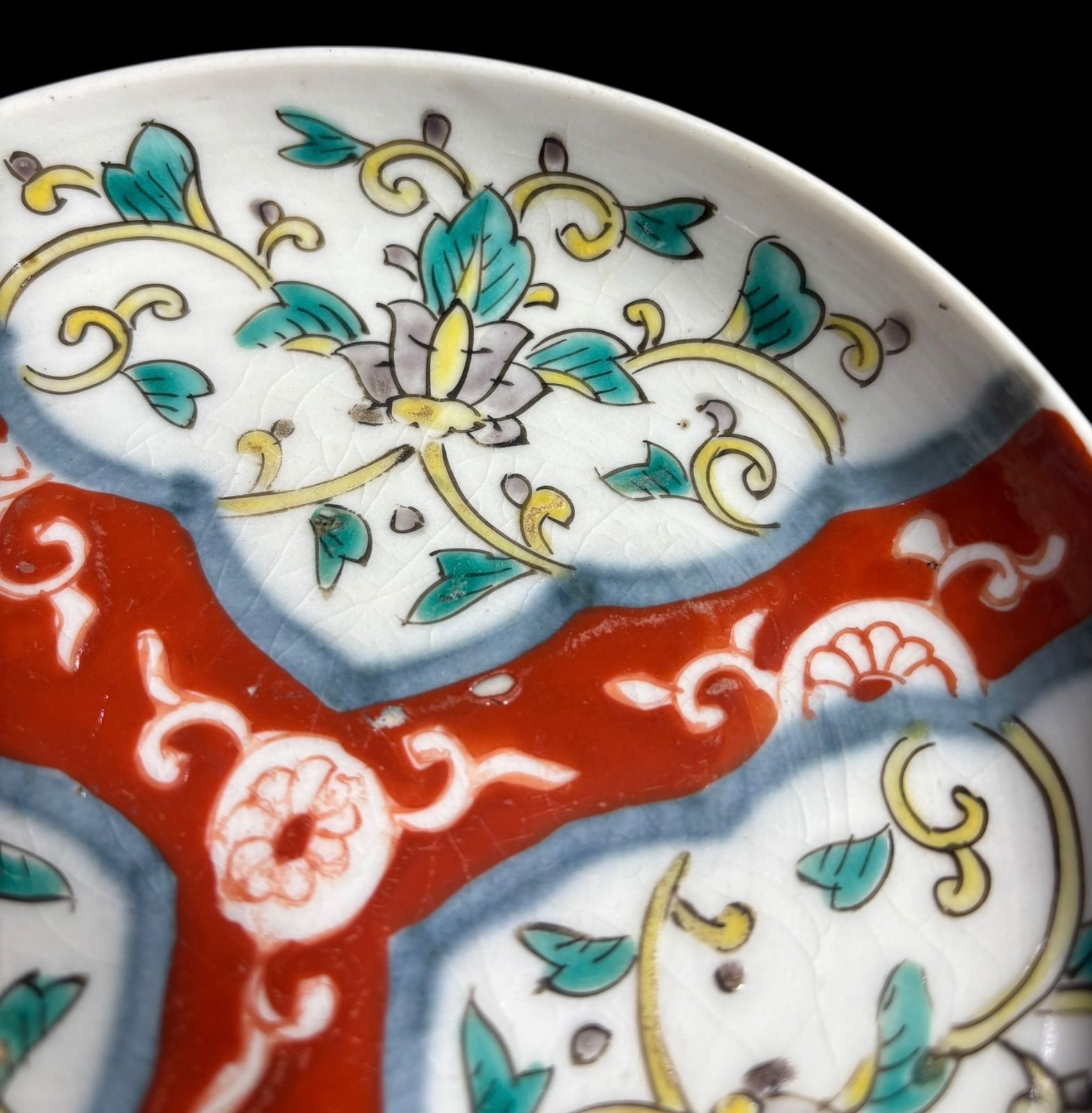 2客セット】 古伊万里 色絵 丸皿 草花文図 赤絵 時代物 取り皿 盛り皿