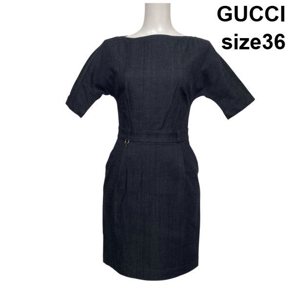 ○◇ グッチ GUCCI デニムワンピース ひざ丈 半袖 ボートネック 金具