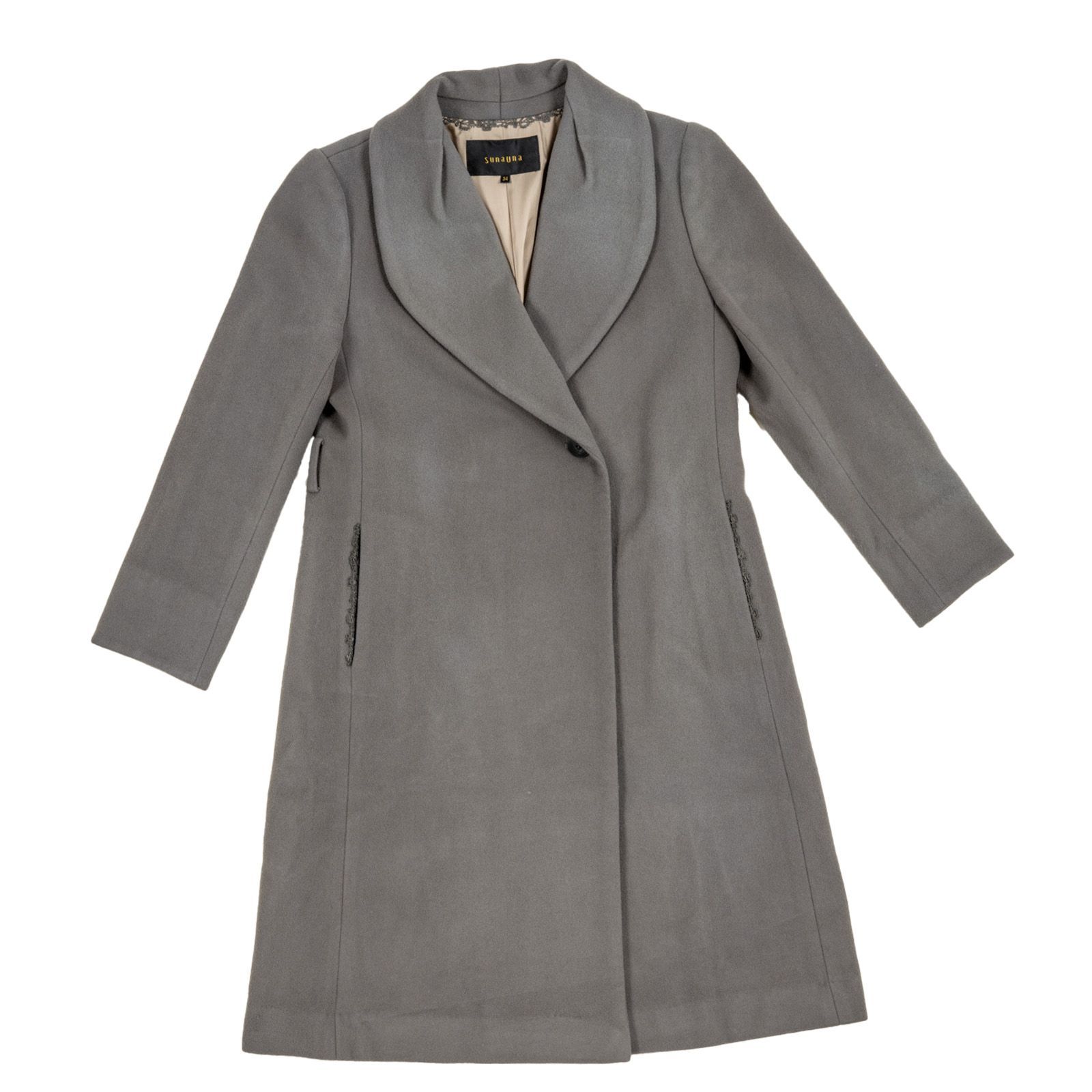 未使用！SunaUna スーナウーナ スタンドカラーロングコートウール100% SunaUna スーナウーナ ウール100% ロングコート レース装飾 グレー 34