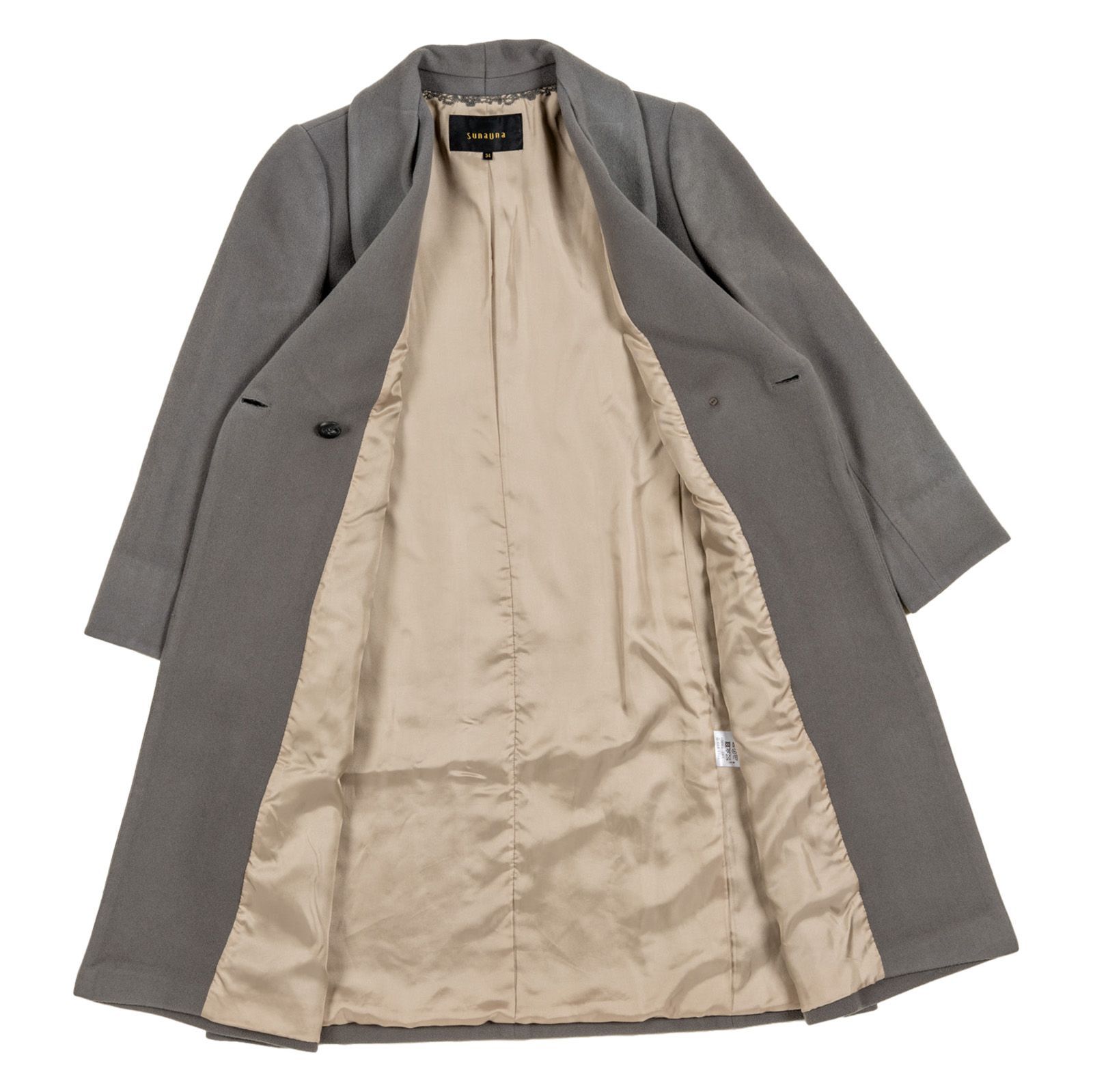 未使用！SunaUna スーナウーナ スタンドカラーロングコートウール100% SunaUna スーナウーナ ウール100% ロングコート レース装飾 グレー 34
