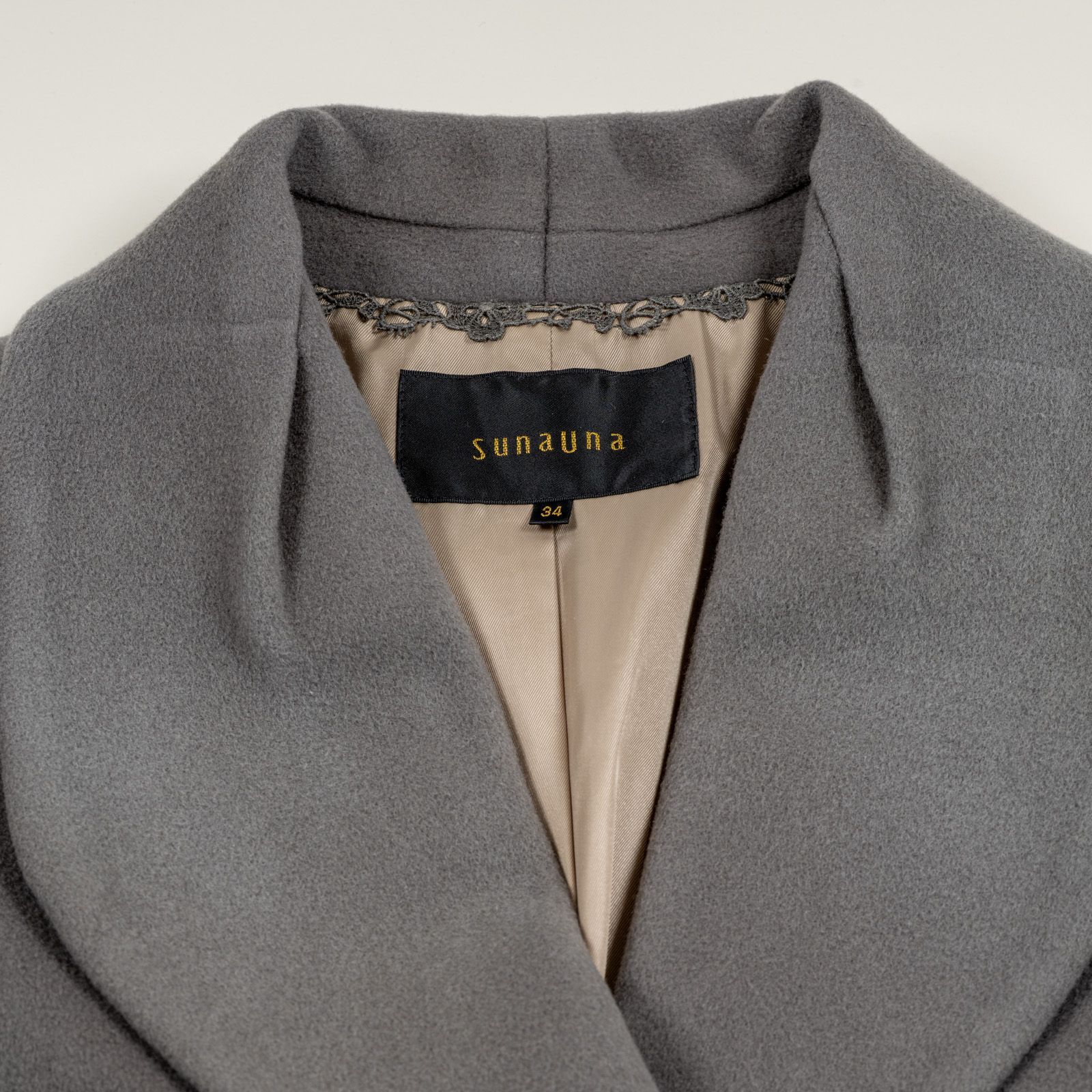 SunaUna スーナウーナ ウール100% ロングコート レース装飾 グレー 34