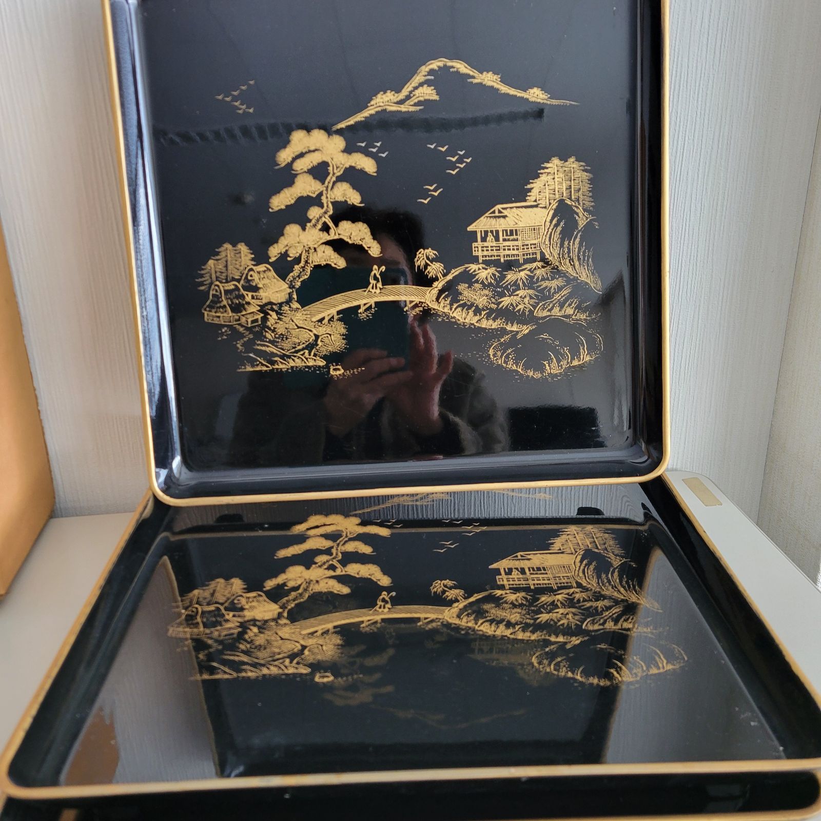 和膳 脚付き 漆器 蒔絵（5客セット）金縁黒塗り 山水 - メルカリ