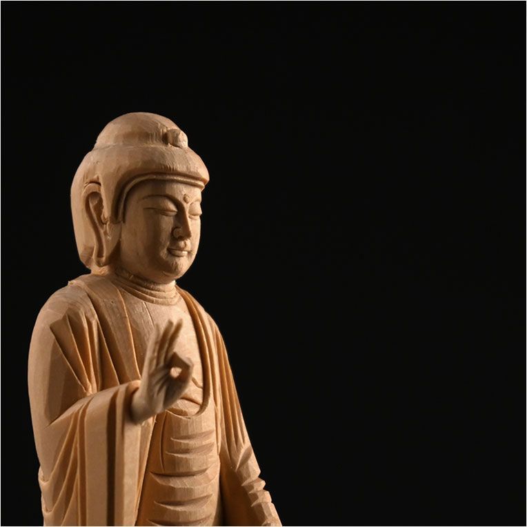 シンプルなプレーン彫刻 天然木桧製 木彫り仏像 六角低台座 舟阿弥陀