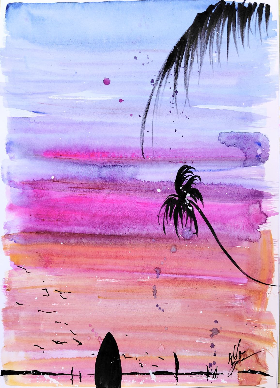 原画#312 海 空 ハワイ 水彩画 ドローイング インテリア アート 風景画