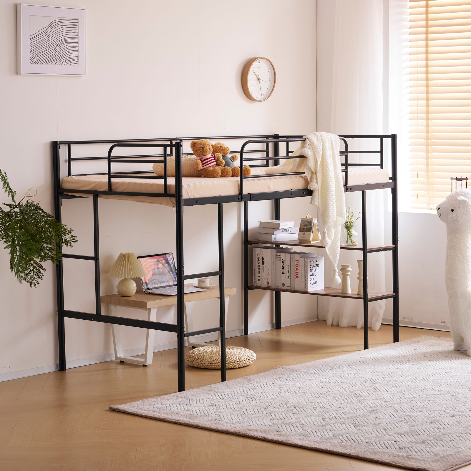 ブラック ロフトベッド パイプベッド シングルベッド 収納棚付く ロー