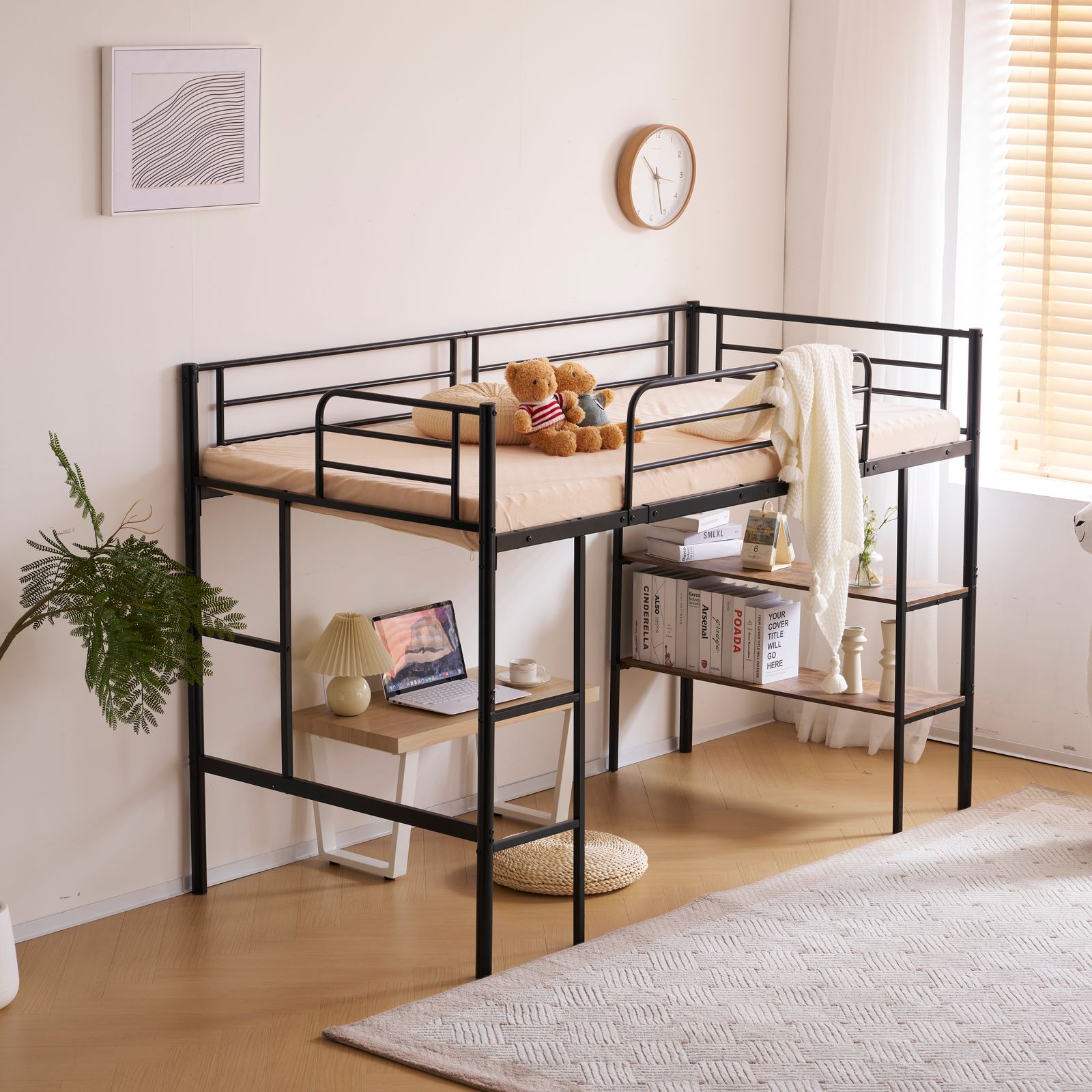 ブラック ロフトベッド パイプベッド シングルベッド 収納棚付く ロー