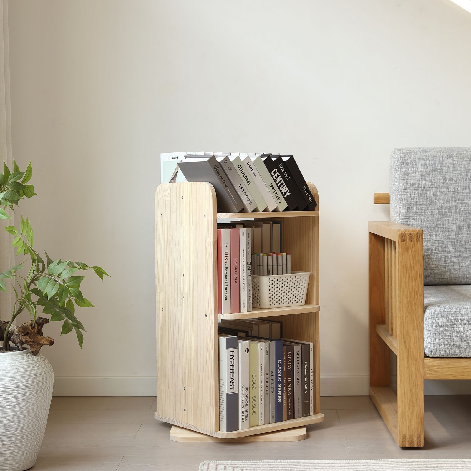 三段 本棚 回転式 天然木製 パイン材 絵本棚 図鑑対応 コミック収納棚