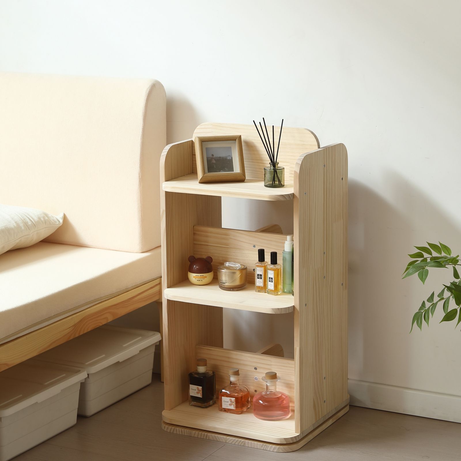 三段 本棚 回転式 天然木製 パイン材 絵本棚 図鑑対応 コミック収納棚