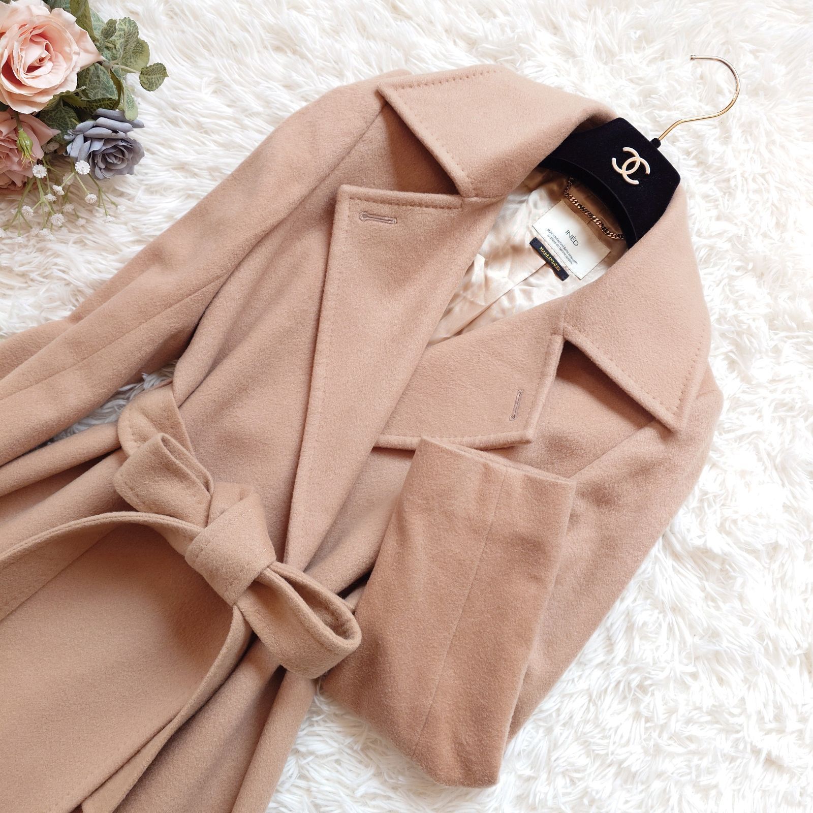 美品 イネド INED 高級 カシミヤ100% ベルテッドコート ロングコート