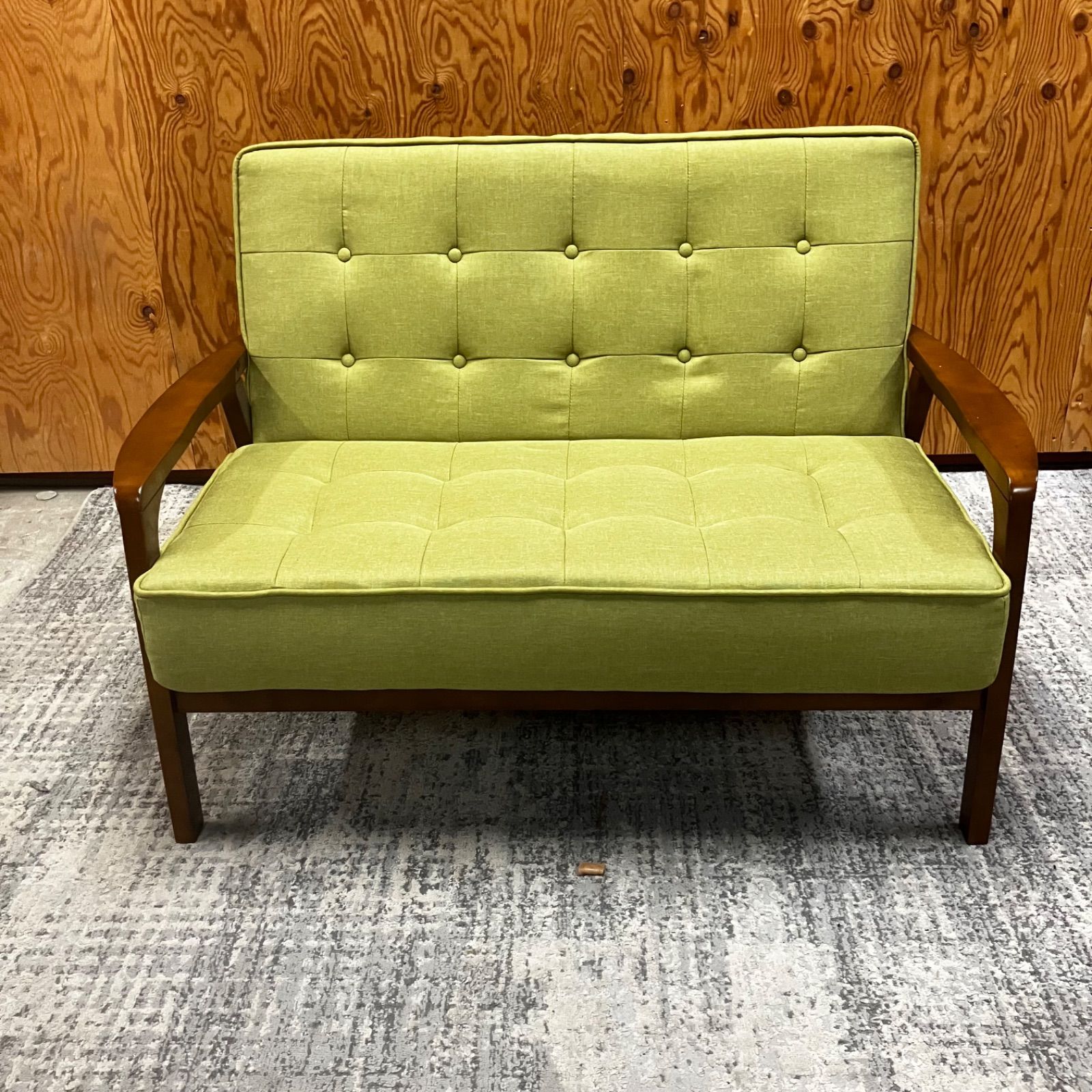 2人掛けソファ グリーンソファ 古家具※直取引可 値下げ交渉可能】2人がけソファ 布張り グリーン ラブソファ 直接