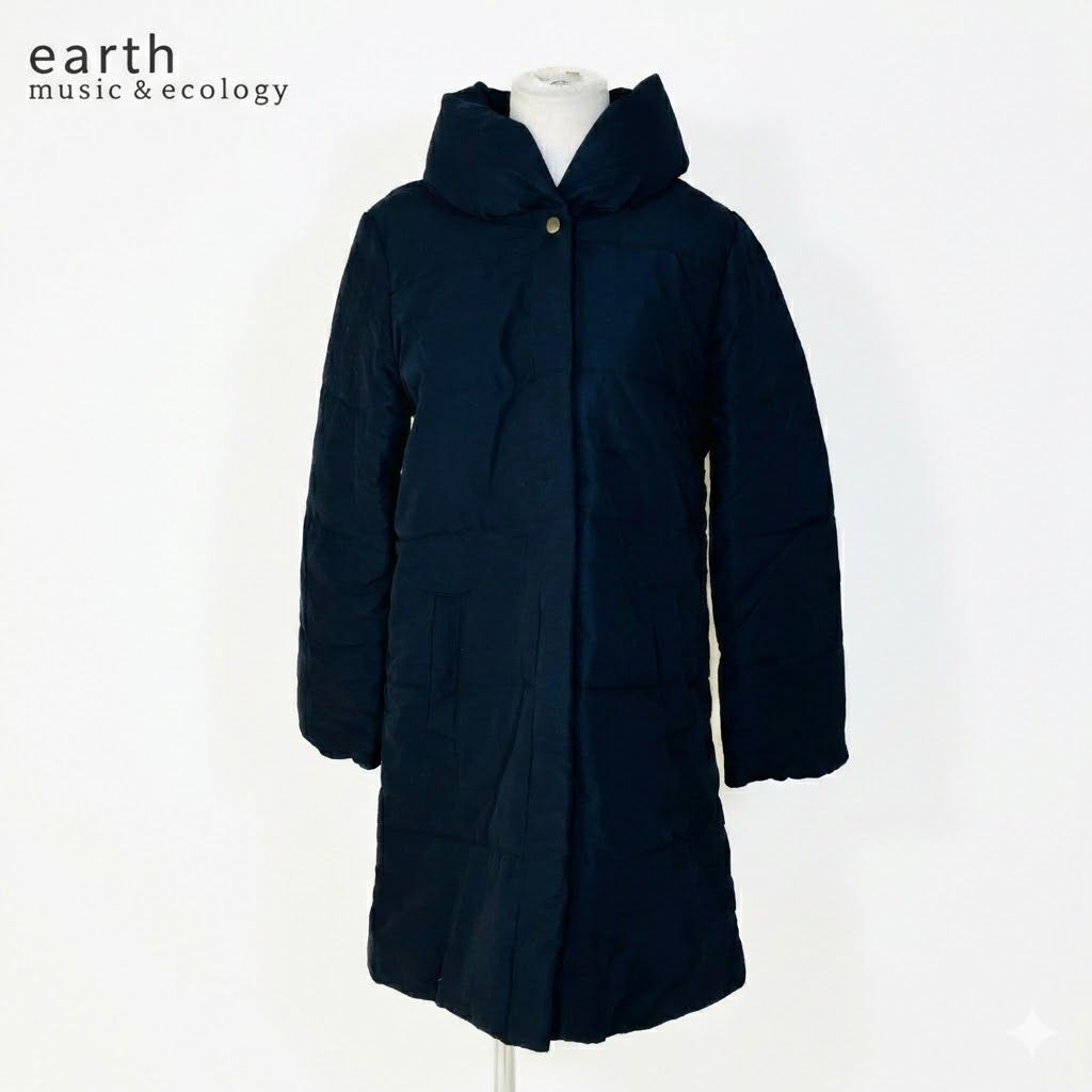 earth music & ecology 中綿コート ネイビー フード付き ロング丈 M 未 