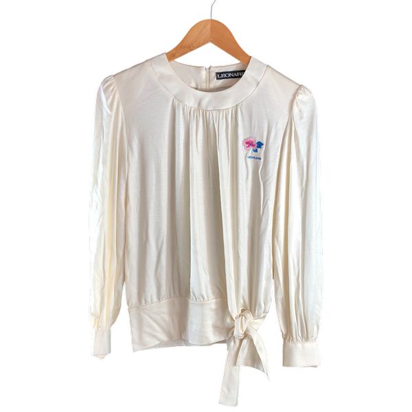 レオナール LEONARD カットソー 長袖 ロゴ刺繍 花 裾リボン 絹100