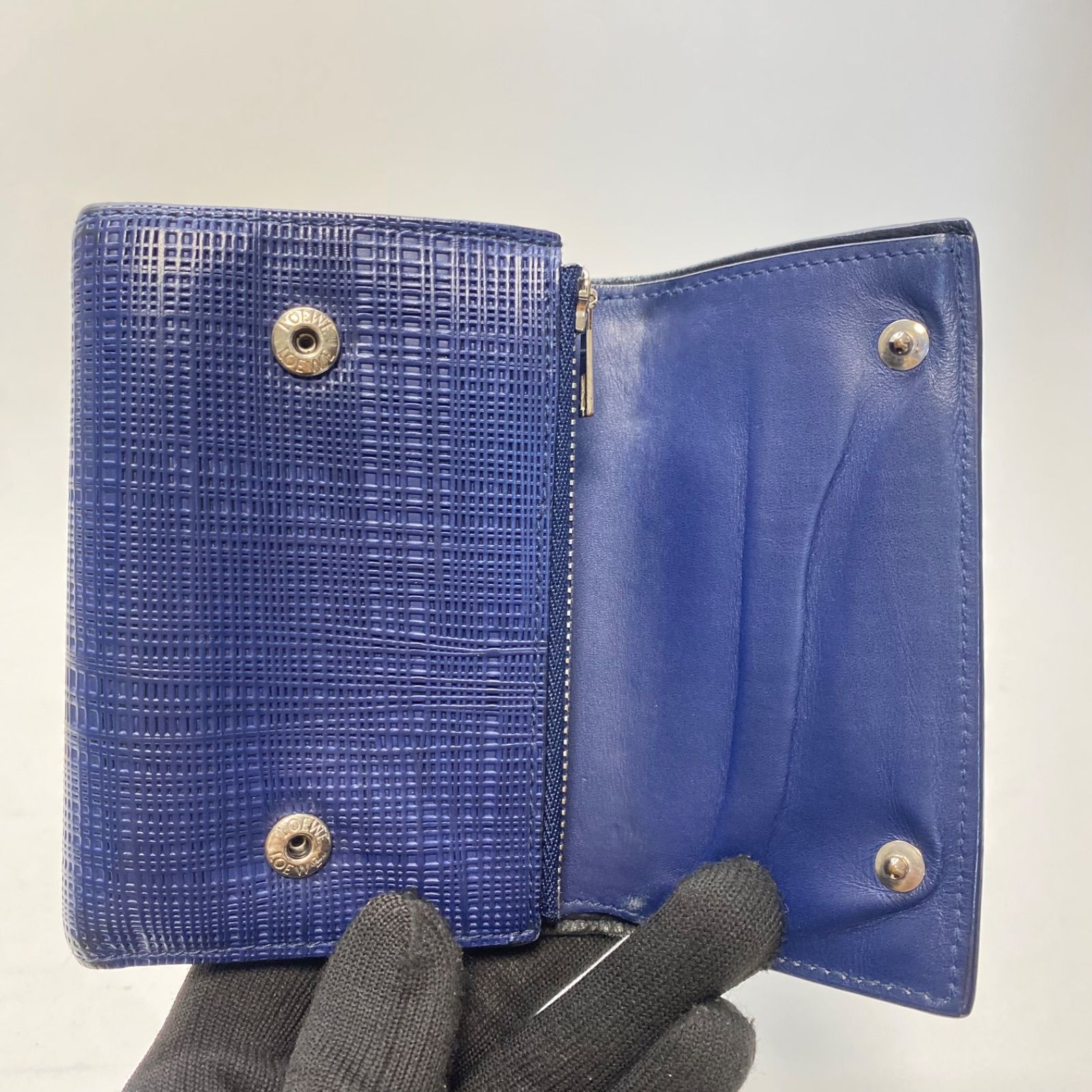 3493 LOEWE ロエベ 三つ折り財布 アナグラム ネイビー 紺 型押し